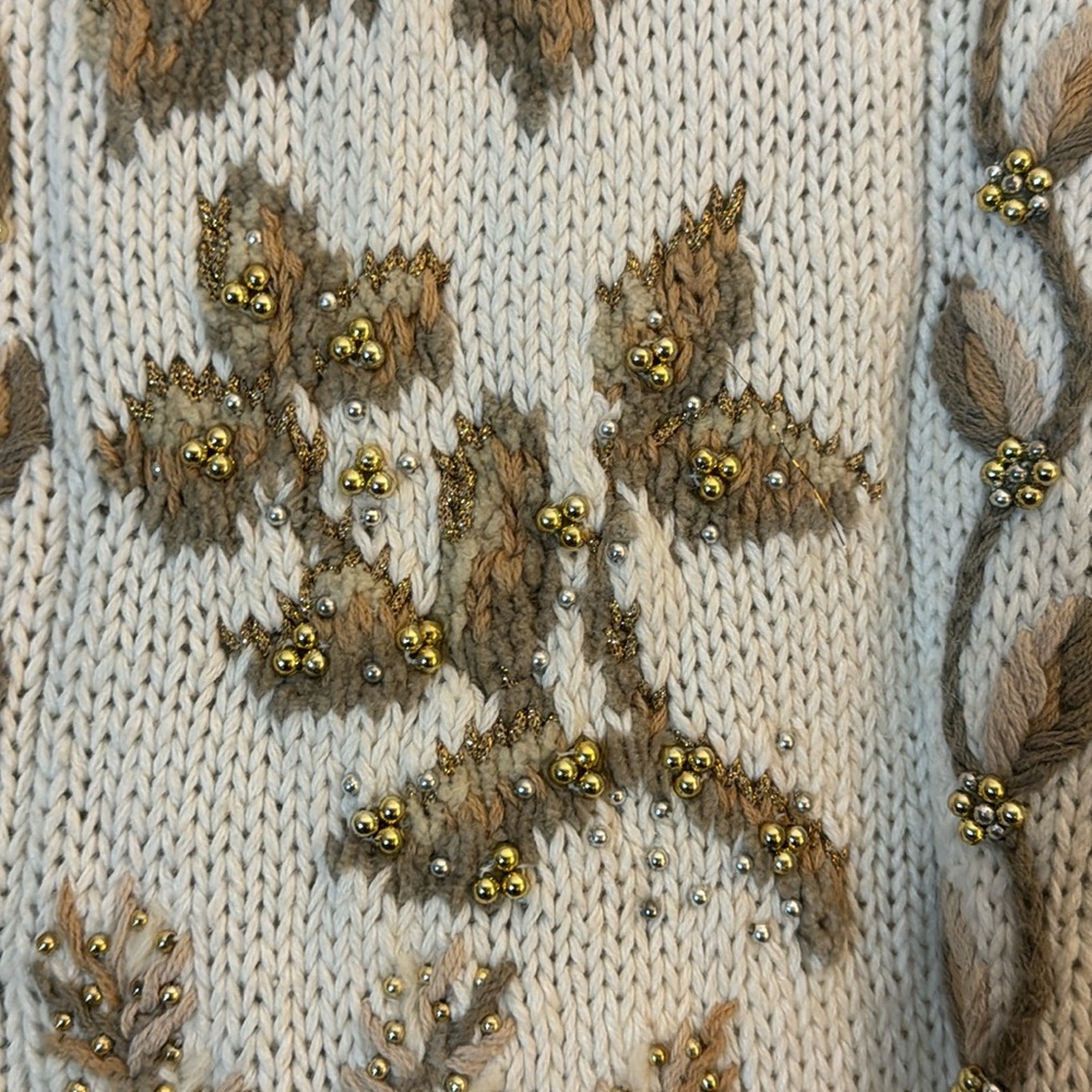 Vintage Talbots Hand Knit Beaded Floral‎ Sweater Ivory Mock Neck Size S - Picture 4 of 17